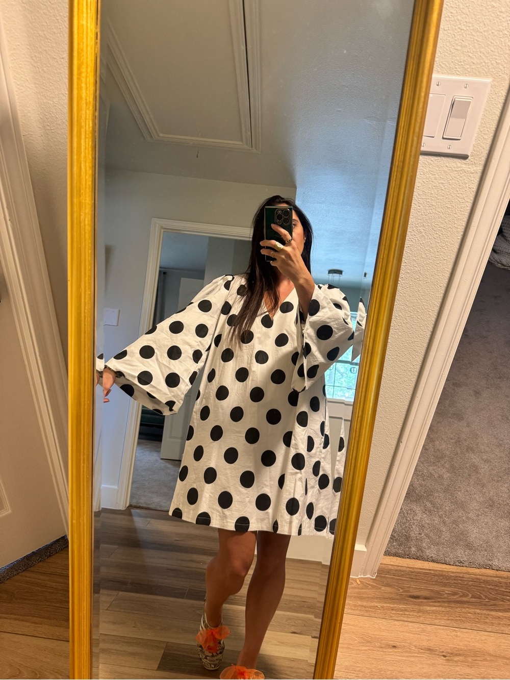 Buru- Polka Dot V-Neck Dress — White with Black Polka Dots
